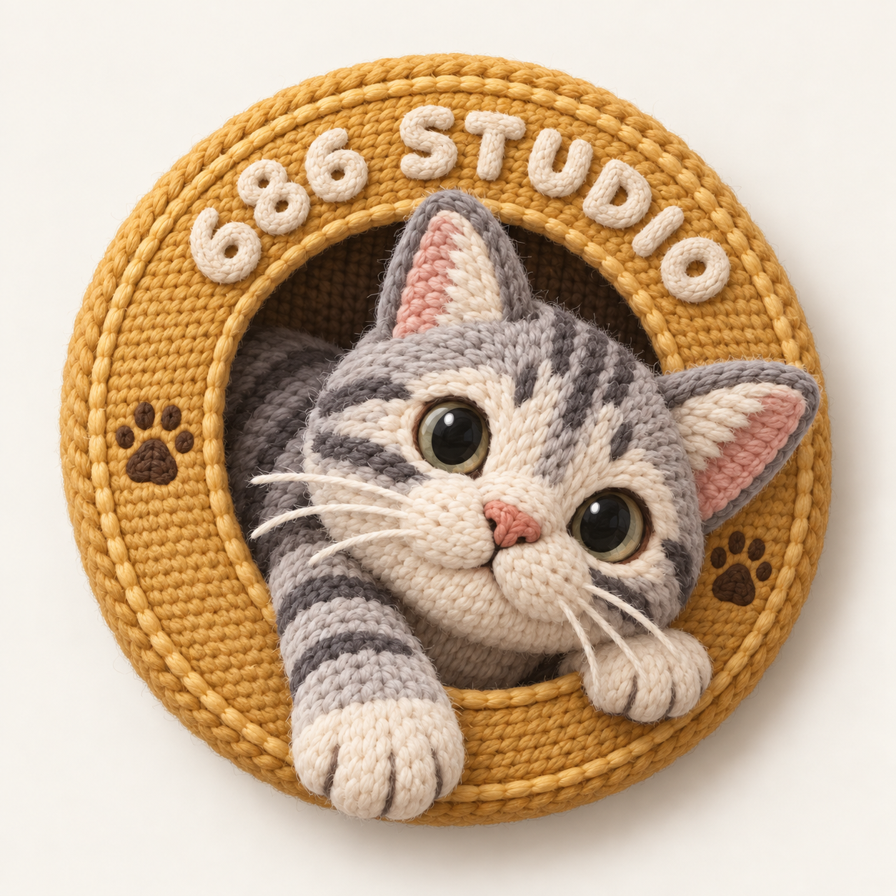 686 Studio’s knitted gray kitten peeking through a golden yarn wreath.